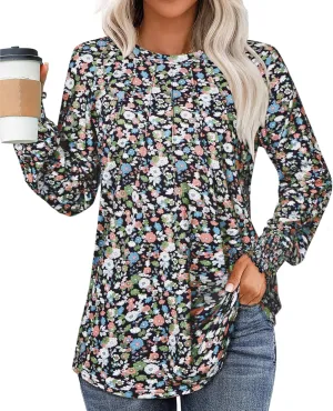 Womens Spring Fashion 2025 Long Sleeve Tunic Tops to Wear with Leggings Crewneck Pleated Shirts Loose Fit Cute Tee