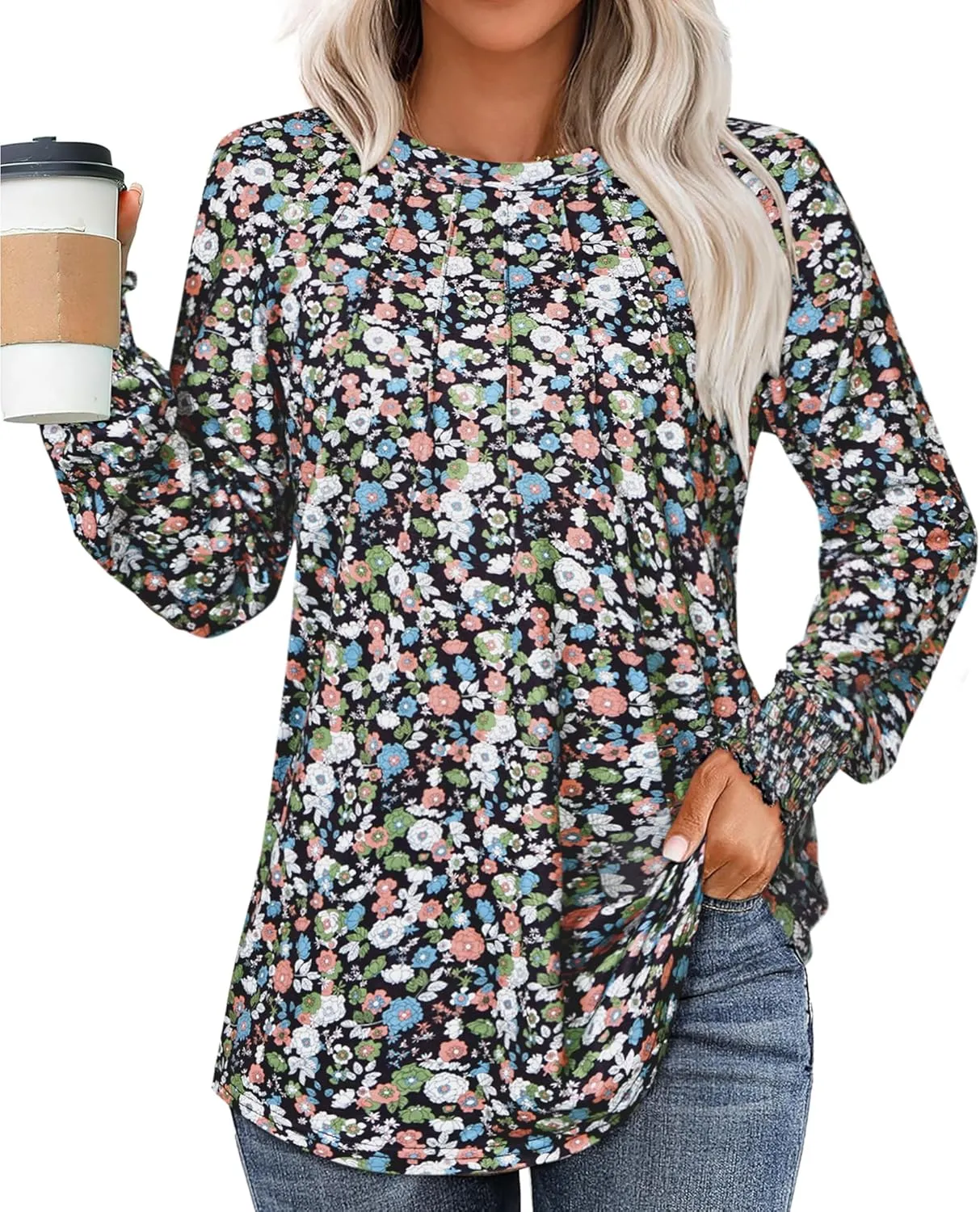 Womens Spring Fashion 2025 Long Sleeve Tunic Tops to Wear with Leggings Crewneck Pleated Shirts Loose Fit Cute Tee