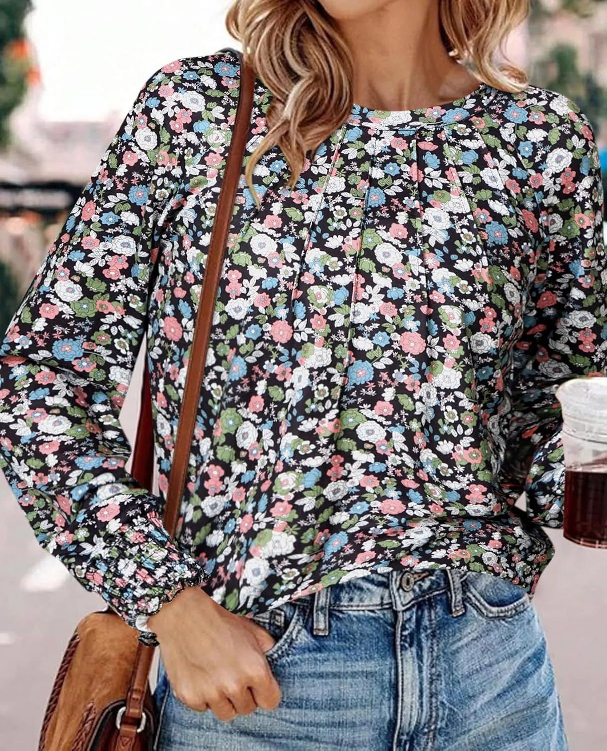 Womens Spring Fashion 2025 Long Sleeve Tunic Tops to Wear with Leggings Crewneck Pleated Shirts Loose Fit Cute Tee
