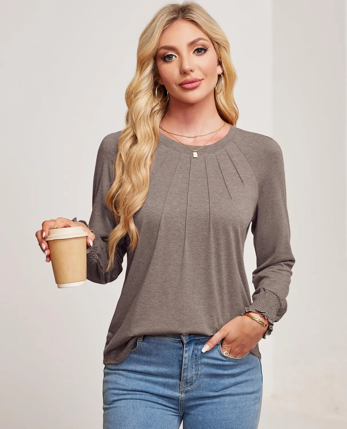 Womens Spring Fashion 2025 Long Sleeve Tunic Tops to Wear with Leggings Crewneck Pleated Shirts Loose Fit Cute Tee