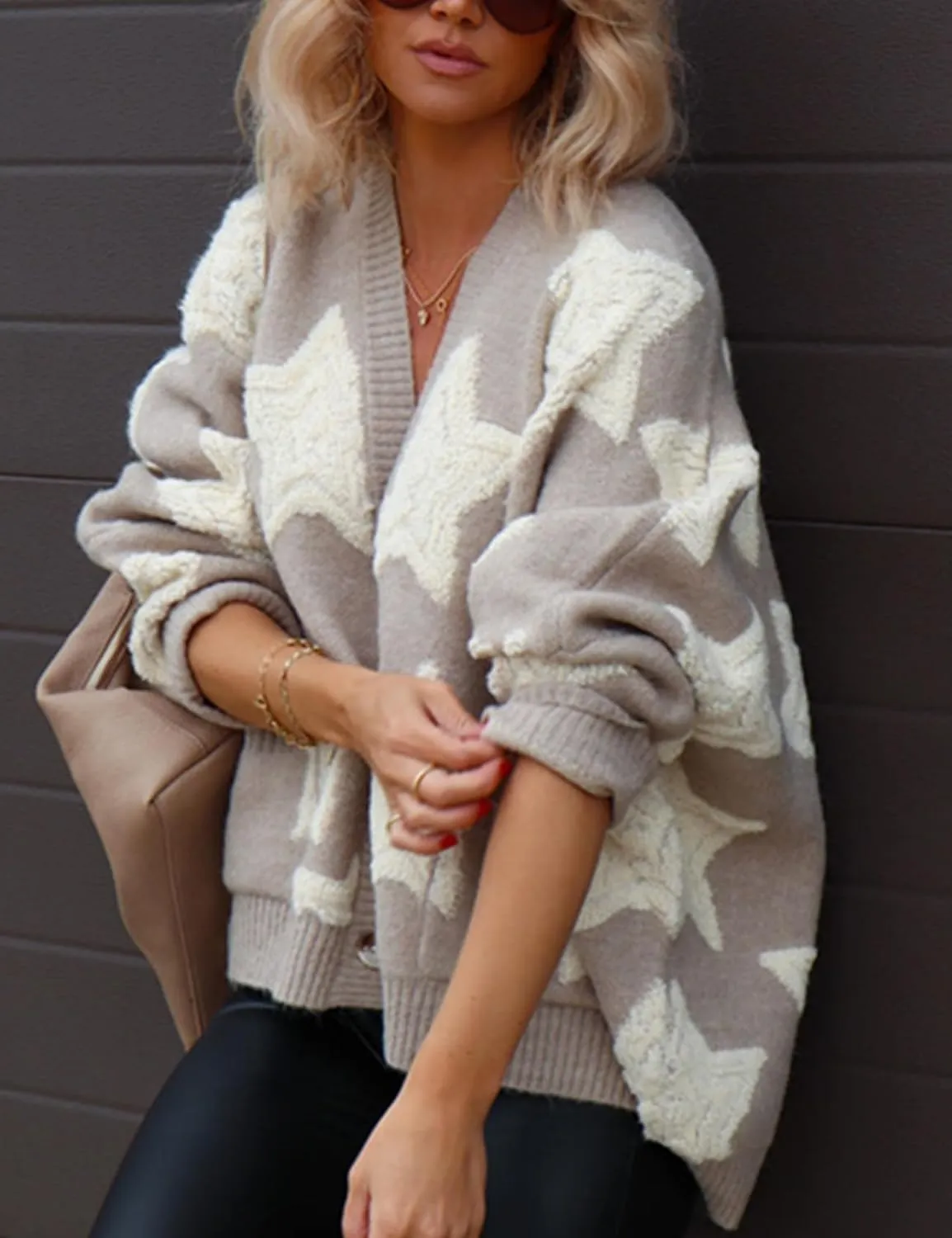 Women's Star Print Button Down V Neck Drop Shoulder Open Front Knit Cardigan Sweater