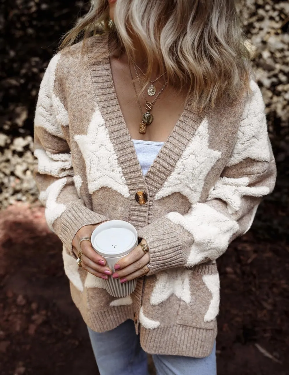 Women's Star Print Button Down V Neck Drop Shoulder Open Front Knit Cardigan Sweater