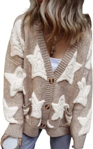 Women's Star Print Button Down V Neck Drop Shoulder Open Front Knit Cardigan Sweater