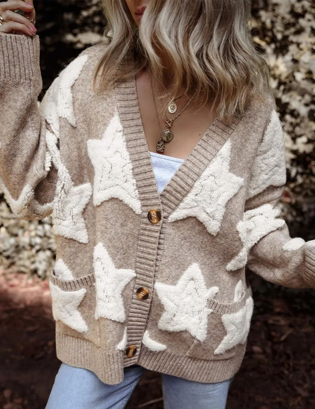 Women's Star Print Button Down V Neck Drop Shoulder Open Front Knit Cardigan Sweater