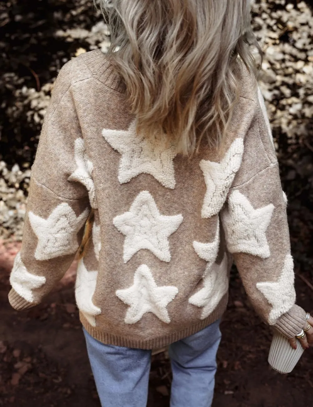 Women's Star Print Button Down V Neck Drop Shoulder Open Front Knit Cardigan Sweater