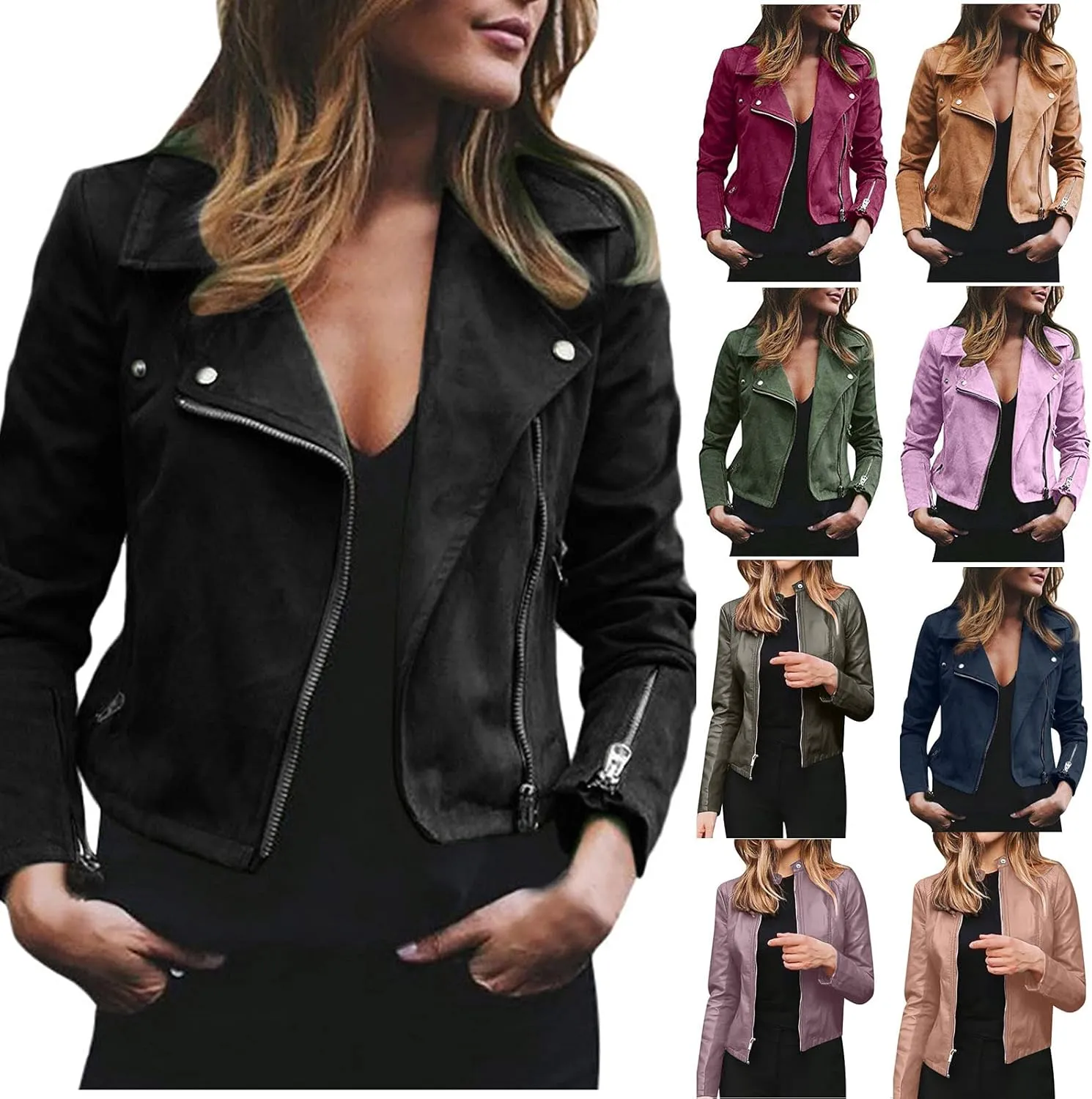 Women's Suede Cropped Jacket Faux Leather Jacket Women Vintage Coats Zip Up Motorcycle Jacket Open Front Cardigan Coat