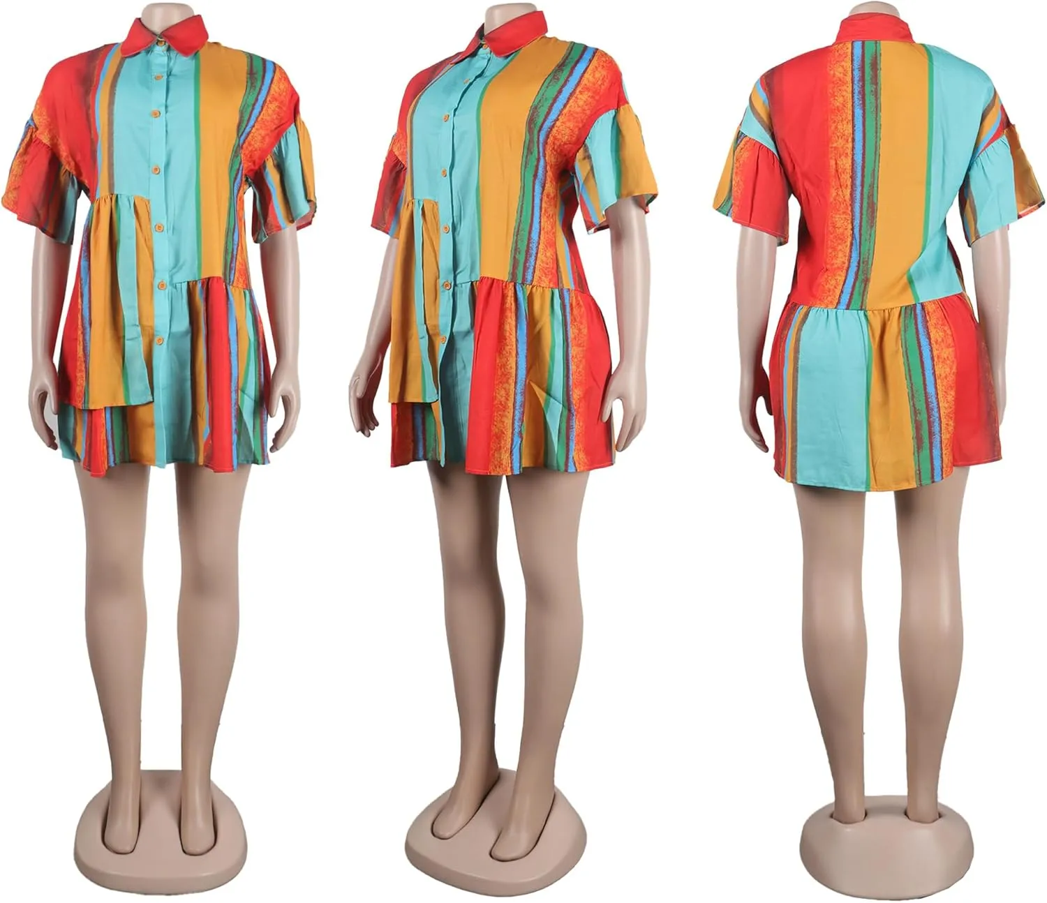 Women's Summer Boho Dress Ruffled Short Sleeve Button Down Casual Flowy Mini Shirt Dresses