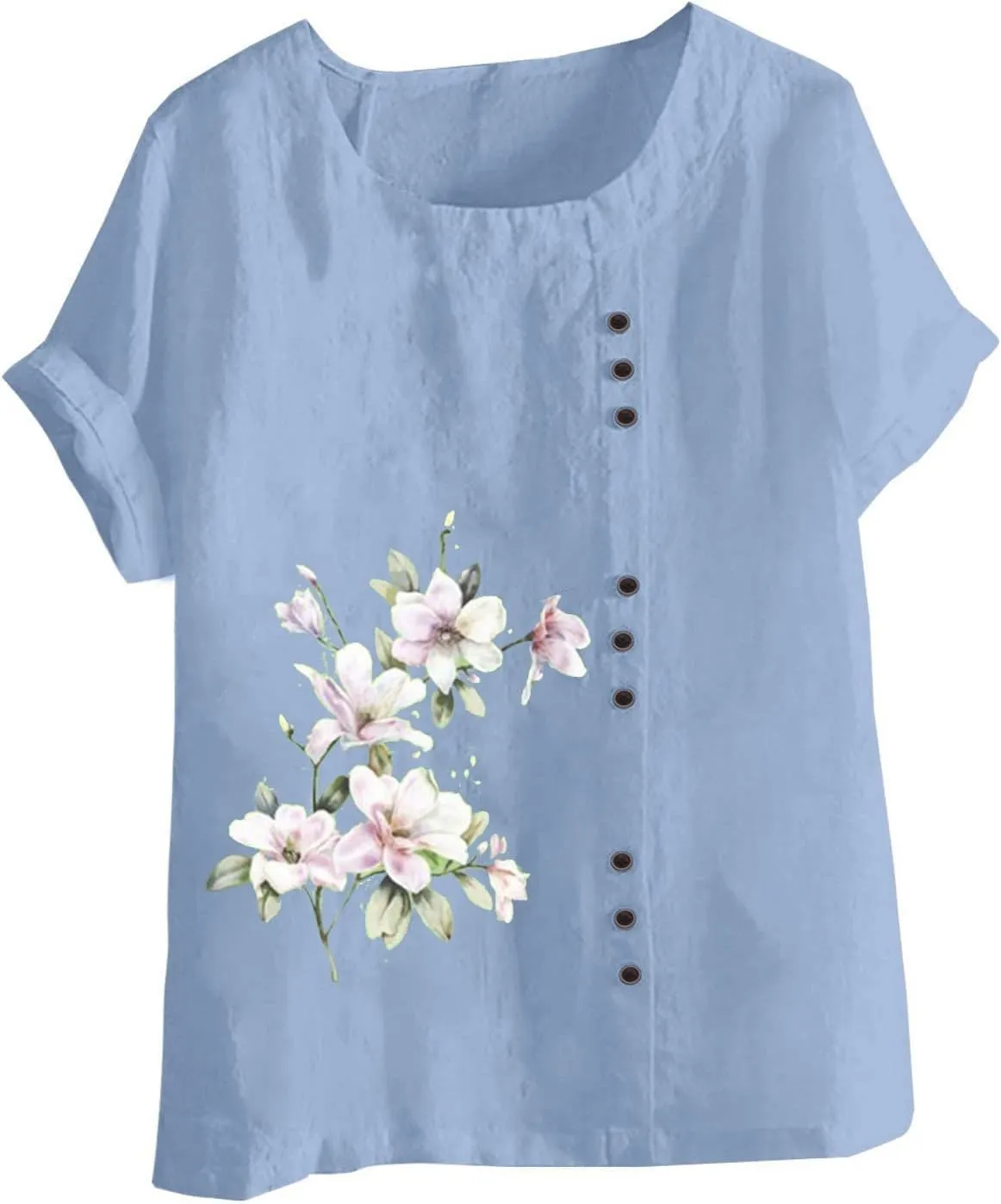 Women's Summer Boho Floral Cotton Linen Short Sleeve Tunic Top Dressy Casual Loose Plus Size Comfy Beach Shirt