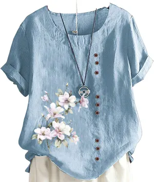 Women's Summer Boho Floral Cotton Linen Short Sleeve Tunic Top Dressy Casual Loose Plus Size Comfy Beach Shirt