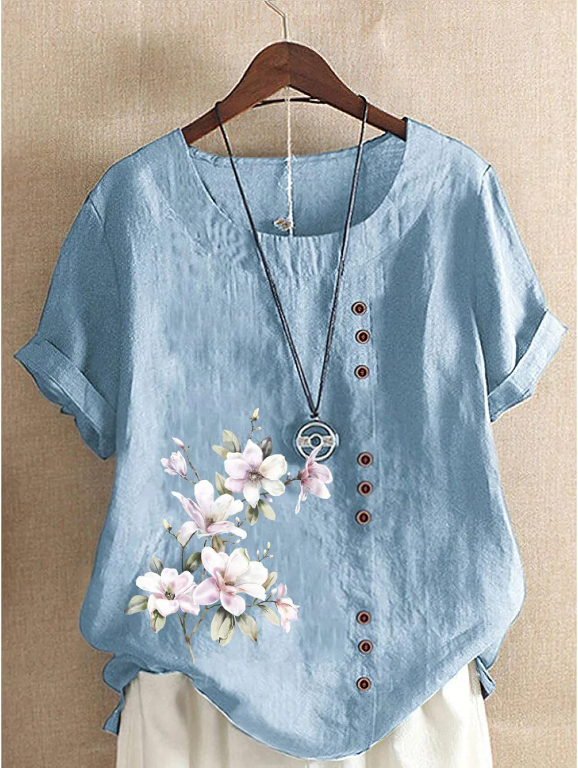 Women's Summer Boho Floral Cotton Linen Short Sleeve Tunic Top Dressy Casual Loose Plus Size Comfy Beach Shirt