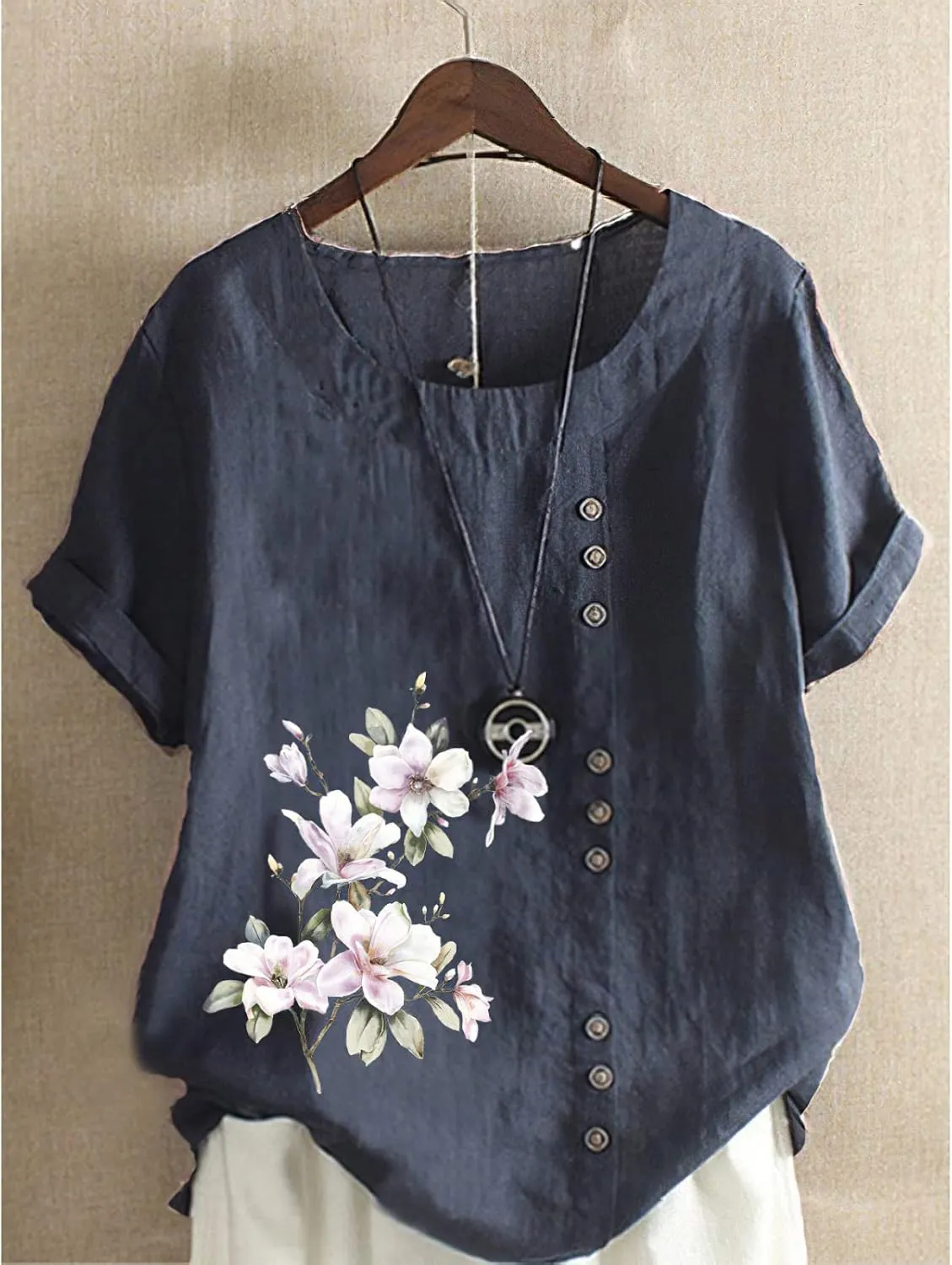 Women's Summer Boho Floral Cotton Linen Short Sleeve Tunic Top Dressy Casual Loose Plus Size Comfy Beach Shirt