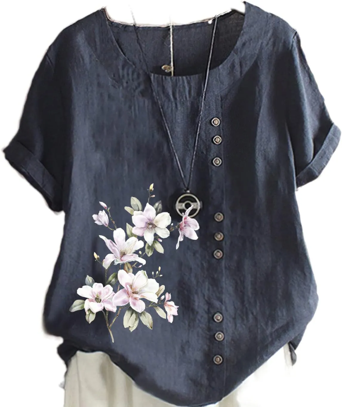 Women's Summer Boho Floral Cotton Linen Short Sleeve Tunic Top Dressy Casual Loose Plus Size Comfy Beach Shirt
