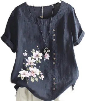 Women's Summer Boho Floral Cotton Linen Short Sleeve Tunic Top Dressy Casual Loose Plus Size Comfy Beach Shirt