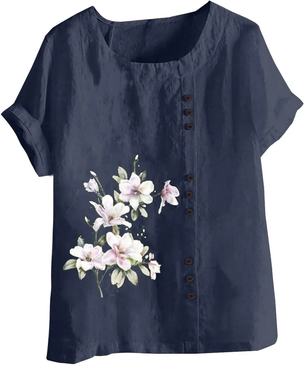 Women's Summer Boho Floral Cotton Linen Short Sleeve Tunic Top Dressy Casual Loose Plus Size Comfy Beach Shirt
