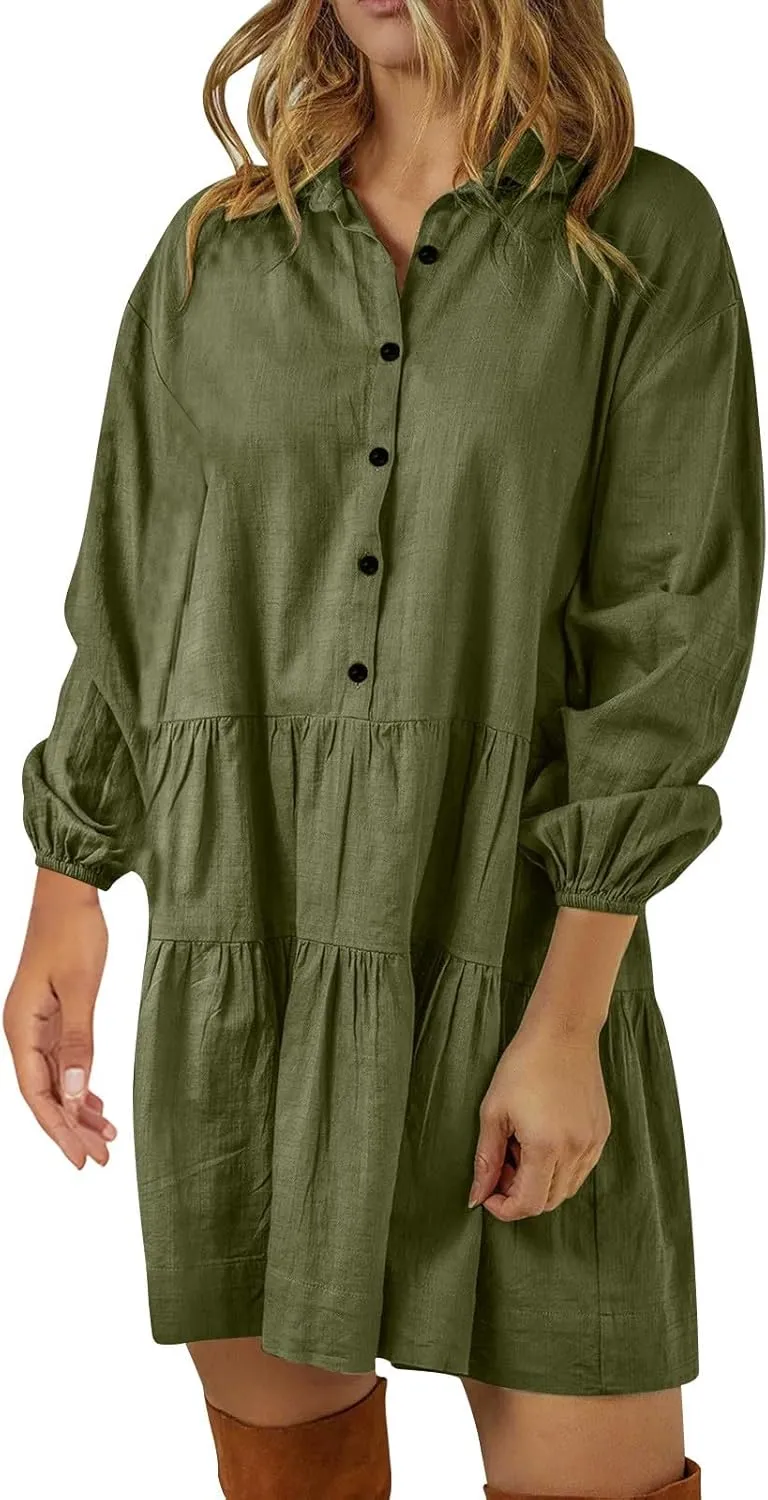 Women's Summer Puff Sleeve Tiered Tunic Dress Cute Mini Button Down Shirt Dress Button Up Ruffle Hem Tunic Dresses