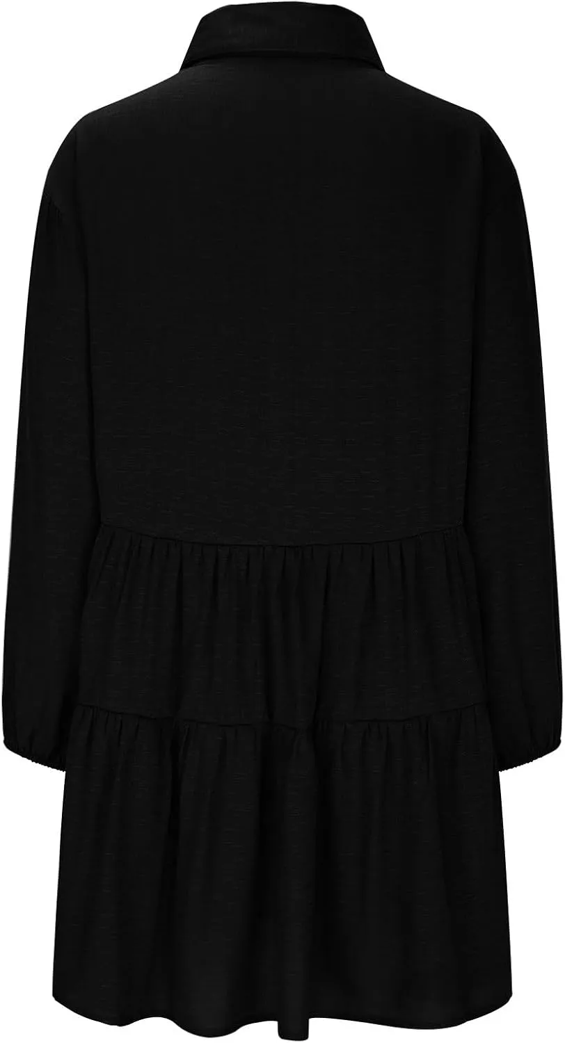 Women's Summer Puff Sleeve Tiered Tunic Dress Cute Mini Button Down Shirt Dress Button Up Ruffle Hem Tunic Dresses