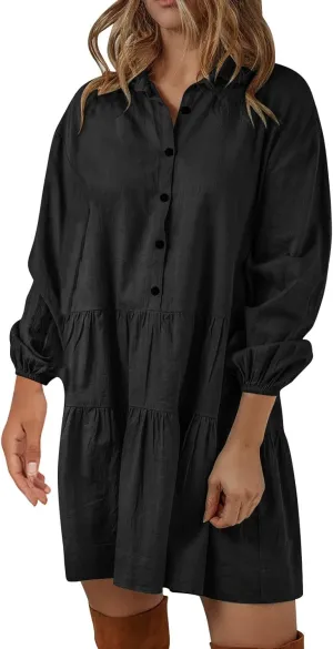 Women's Summer Puff Sleeve Tiered Tunic Dress Cute Mini Button Down Shirt Dress Button Up Ruffle Hem Tunic Dresses