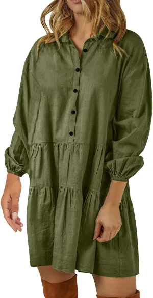 Women's Summer Puff Sleeve Tiered Tunic Dress Cute Mini Button Down Shirt Dress Button Up Ruffle Hem Tunic Dresses