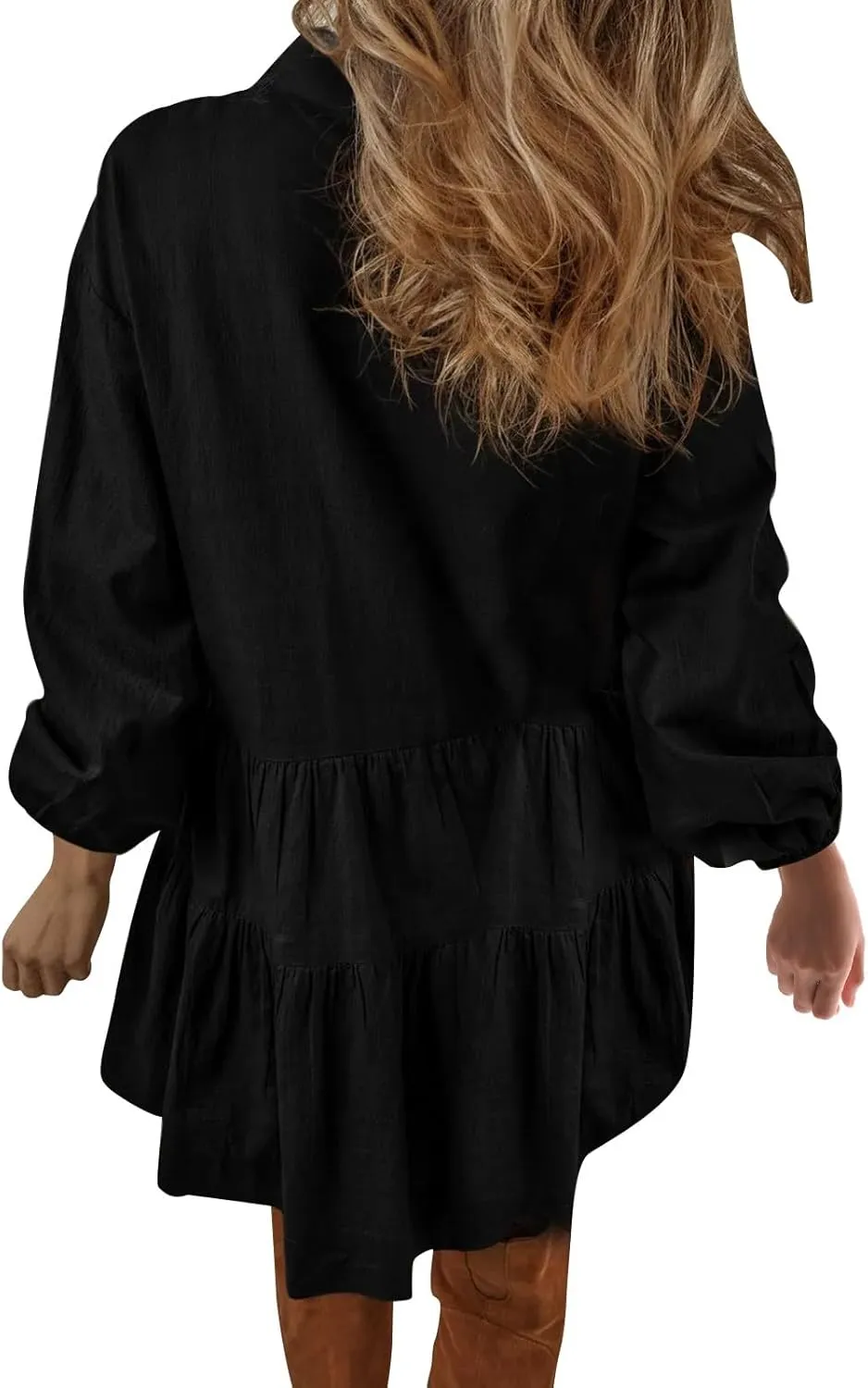 Women's Summer Puff Sleeve Tiered Tunic Dress Cute Mini Button Down Shirt Dress Button Up Ruffle Hem Tunic Dresses