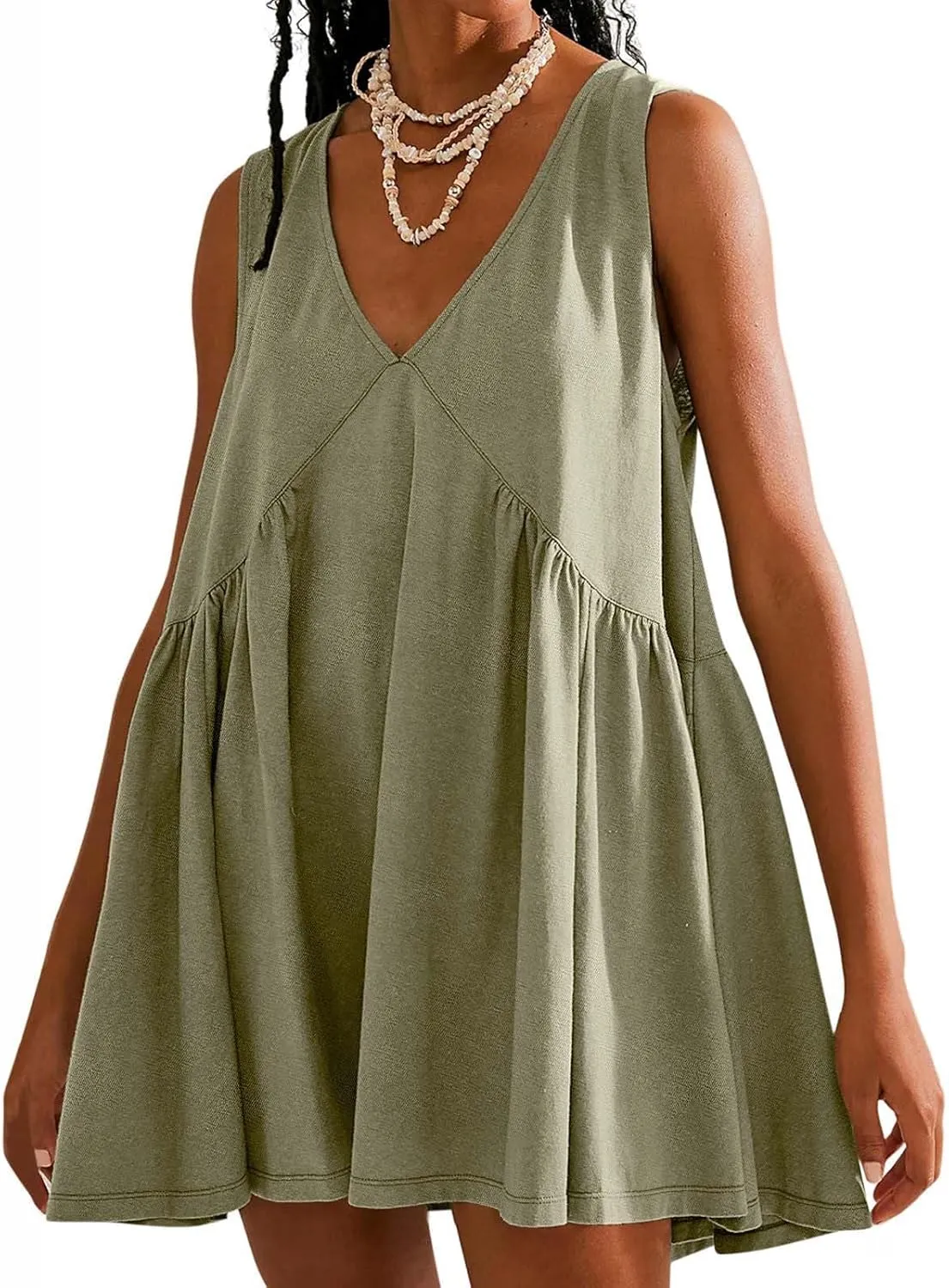 Womens Summer Sleeveless Mini Dress Casual V Neck Loose Swing Flowy Pleated Dresses Beach Sundress with Pockets