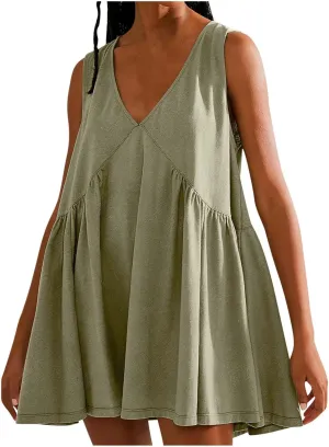 Womens Summer Sleeveless Mini Dress Casual V Neck Loose Swing Flowy Pleated Dresses Beach Sundress with Pockets
