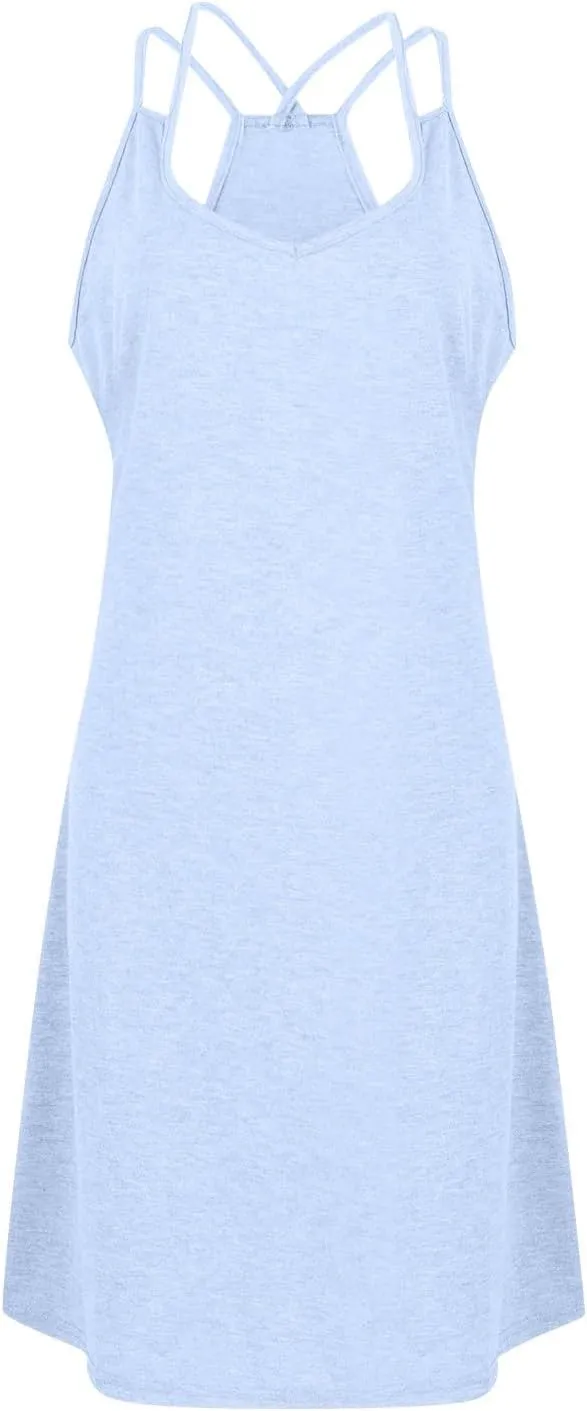 Women's Sundresses 2024 Casual Beach Tank Dress Solid Color Sleeveless Midi Sundress with Pocket