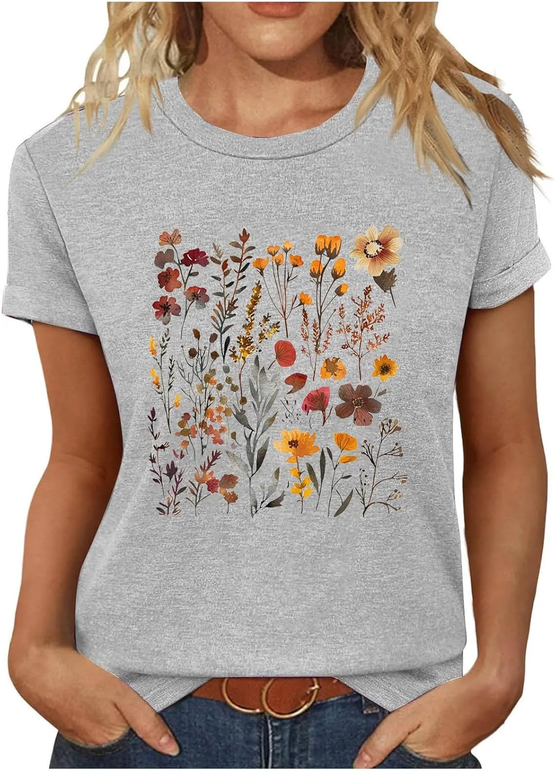 Womens Sunflowers Pattern T Shirts Boho Wildflower Graphic Short Sleeve Blouses Summer Casual Aesthetic Tunic Tee Tops