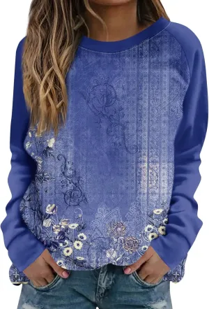 Womens Sweatshirts Floral Print Long Sleeve Loose Fit Shirts Crewneck Cute Trendy Clothing Sweater