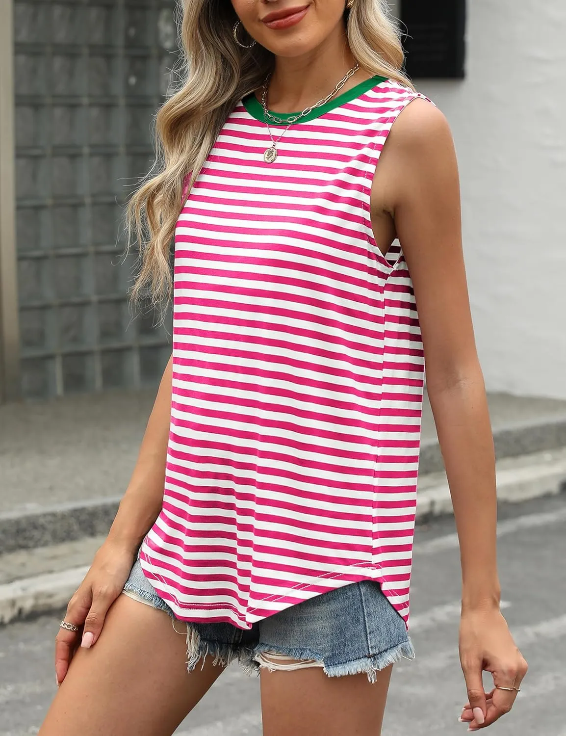 Womens Tank Tops Loose Fit High Neck Casual Flowy Summer Tee Crew Neck Trendy Sleeveless Tops 2025 Beach Vacation Outfit