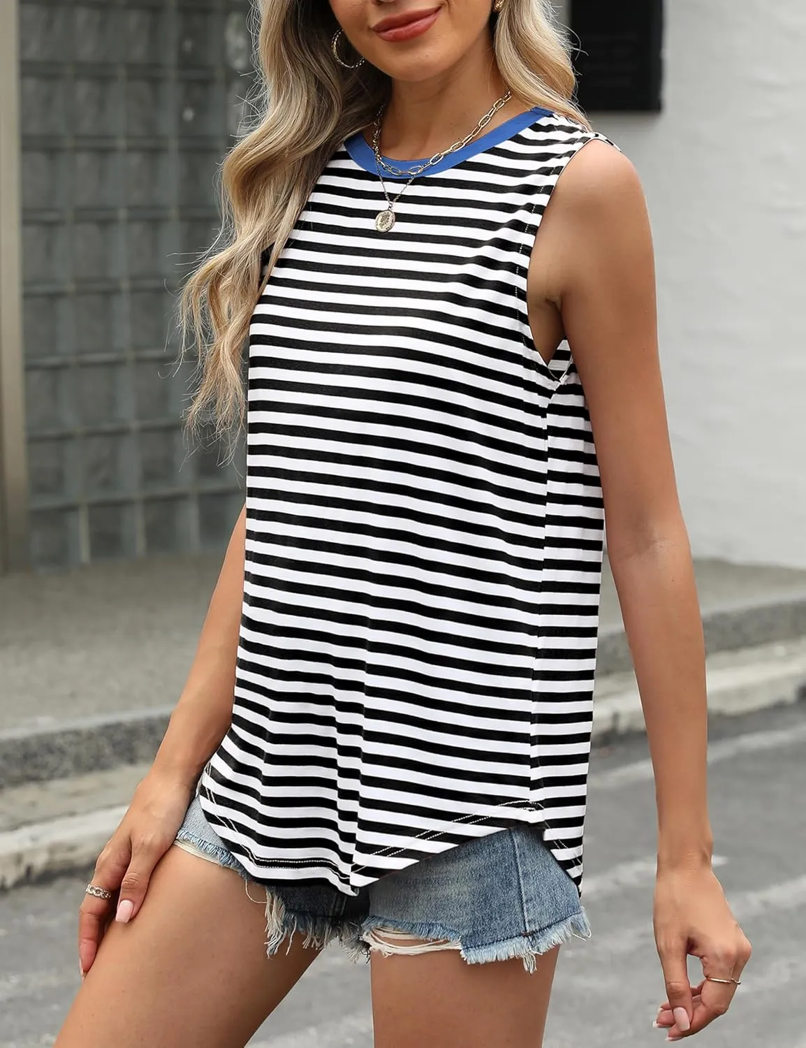 Womens Tank Tops Loose Fit High Neck Casual Flowy Summer Tee Crew Neck Trendy Sleeveless Tops 2025 Beach Vacation Outfit