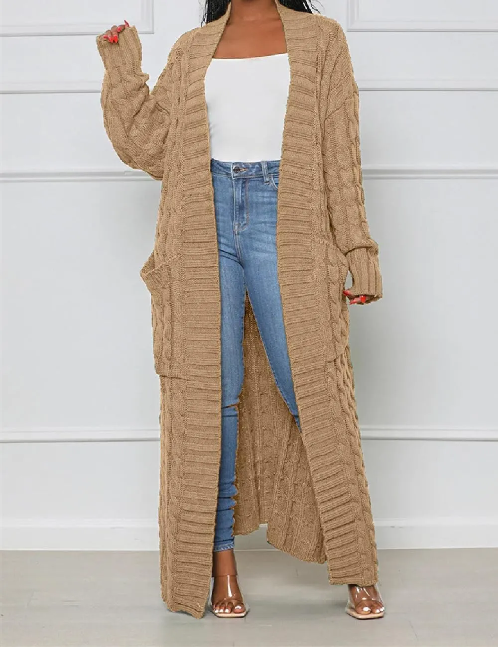 Womens Thin Stylish Cable Knit Dual Extra Long Maxi Cardigan with 2-Pockets