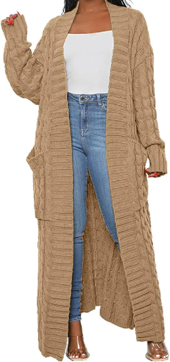 Womens Thin Stylish Cable Knit Dual Extra Long Maxi Cardigan with 2-Pockets