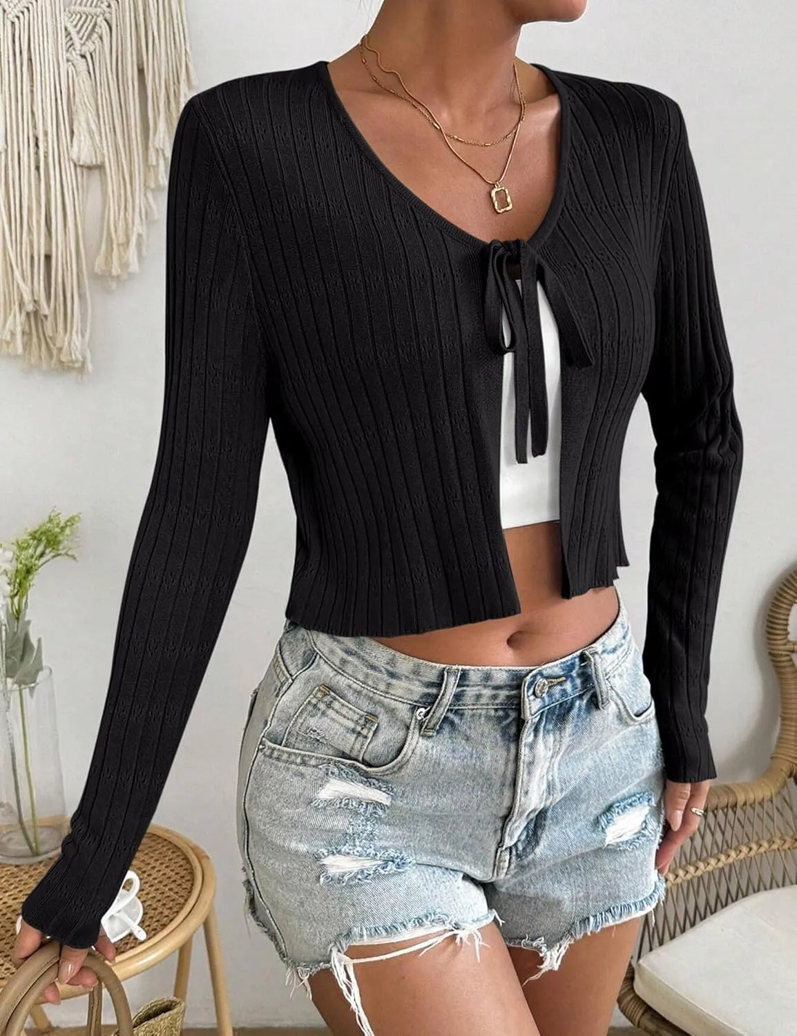 Womens Tie Front Cardigan Long Sleeve Rib Knit Shrug for Dress Sweaters Crop Tops