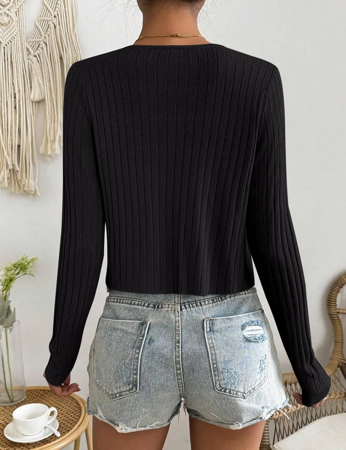 Womens Tie Front Cardigan Long Sleeve Rib Knit Shrug for Dress Sweaters Crop Tops