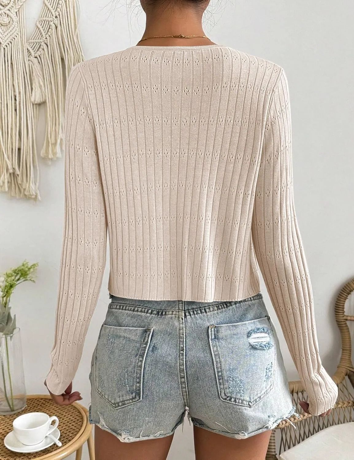Womens Tie Front Cardigan Long Sleeve Rib Knit Shrug for Dress Sweaters Crop Tops