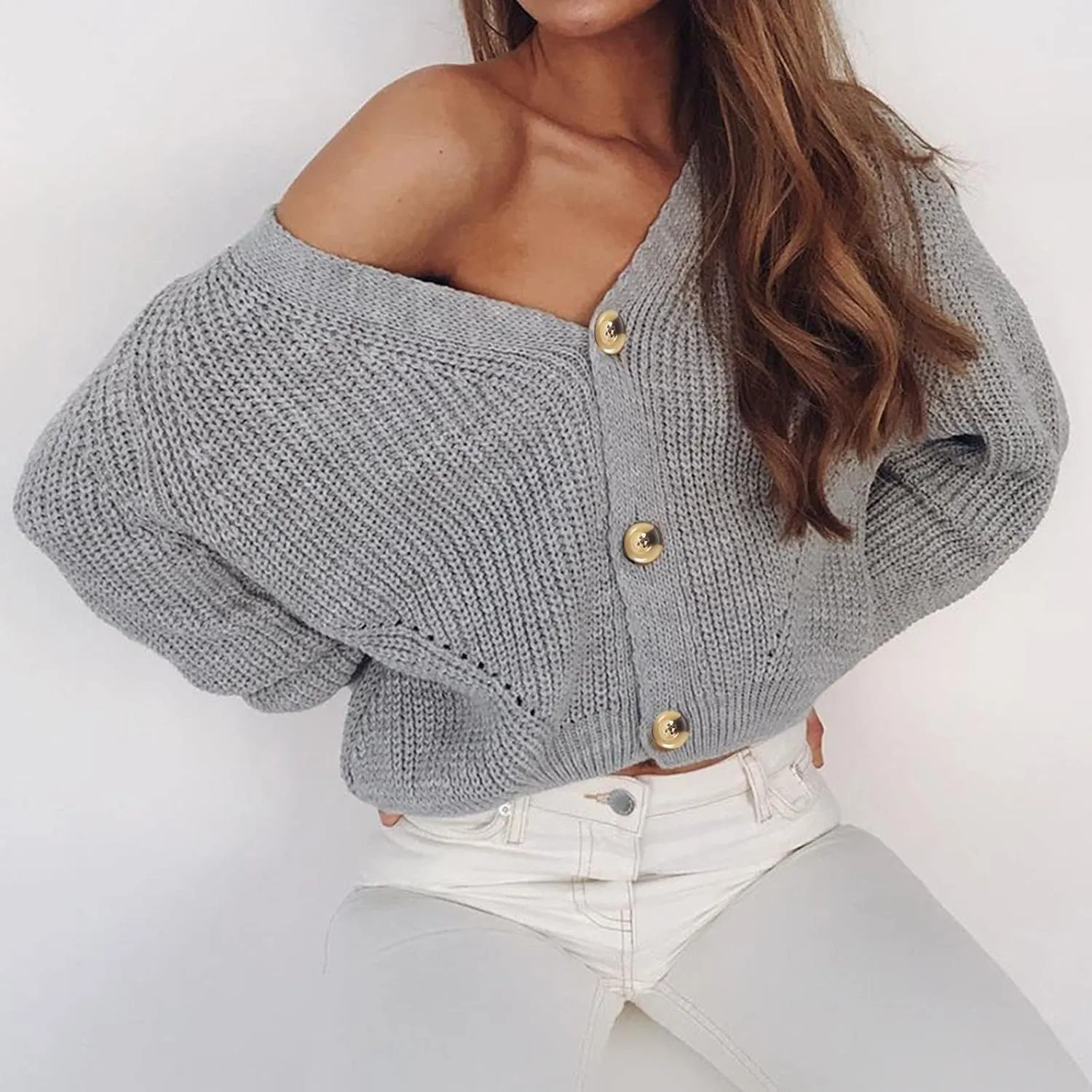 Womens Trendy Sweater Fall Vintage Thick Knitted V Neck Buttoned Long Sleeve Tunics Hollow Out Crochet Party Cardigan