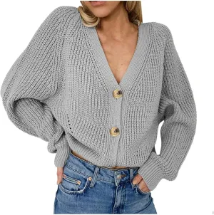 Womens Trendy Sweater Fall Vintage Thick Knitted V Neck Buttoned Long Sleeve Tunics Hollow Out Crochet Party Cardigan
