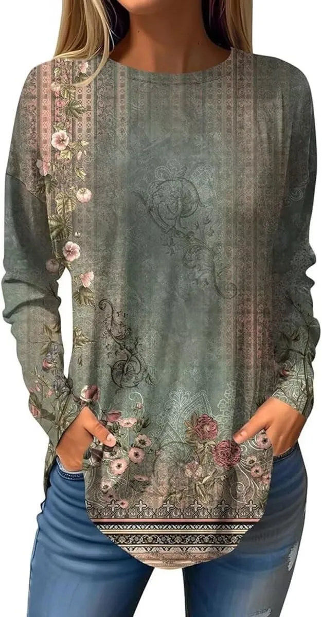 Womens Tunic Shirts Loose Fit Bohemian Floral Print T Shirts Crew Neck Pullover Casual Long Sleeve Tops for Leggings