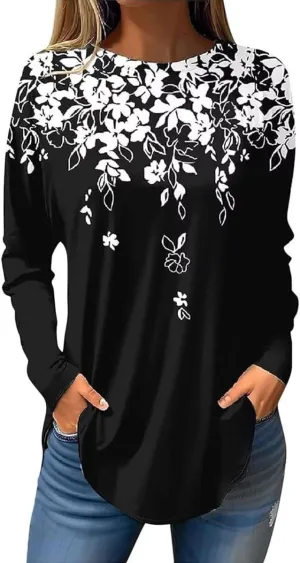 Womens Tunic Shirts Loose Fit Bohemian Floral Print T Shirts Crew Neck Pullover Casual Long Sleeve Tops for Leggings