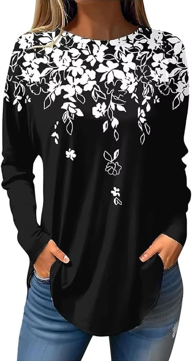 Womens Tunic Shirts Loose Fit Bohemian Floral Print T Shirts Crew Neck Pullover Casual Long Sleeve Tops for Leggings