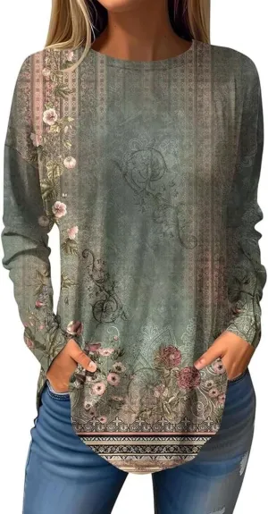 Womens Tunic Shirts Loose Fit Bohemian Floral Print T Shirts Crew Neck Pullover Casual Long Sleeve Tops for Leggings