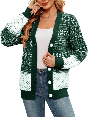 Women's Ugly Christmas Cardigan Sweaters Open Front Button Down V Neck Long Sleeve Knit Outwear Coat