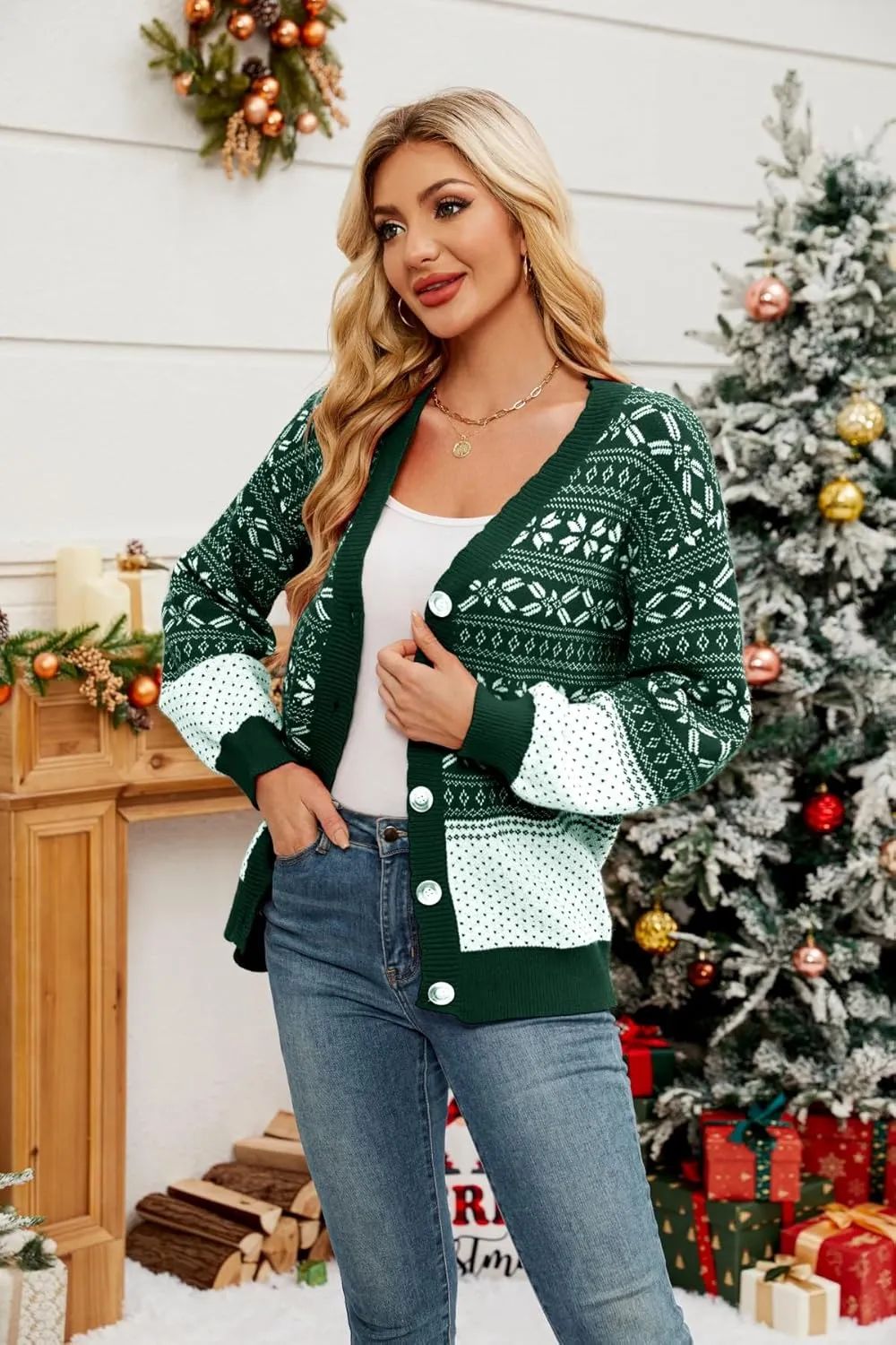 Women's Ugly Christmas Cardigan Sweaters Open Front Button Down V Neck Long Sleeve Knit Outwear Coat