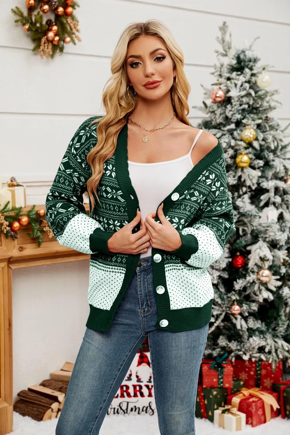 Women's Ugly Christmas Cardigan Sweaters Open Front Button Down V Neck Long Sleeve Knit Outwear Coat