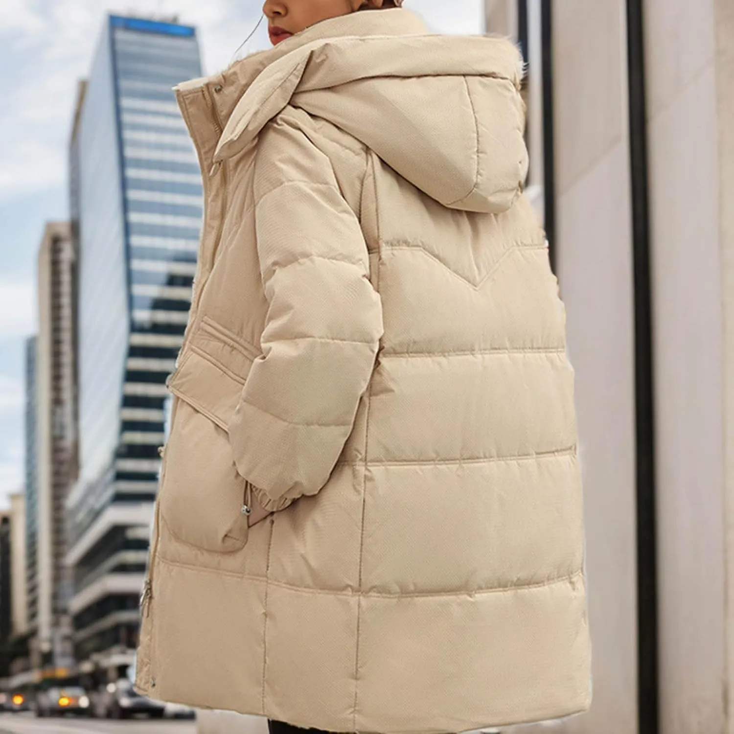 Women's Warm Winter Cotton Padded Down Coat Quilted Thicken Puffer Jacket Zipper Pockets Outwear with Removable Hood