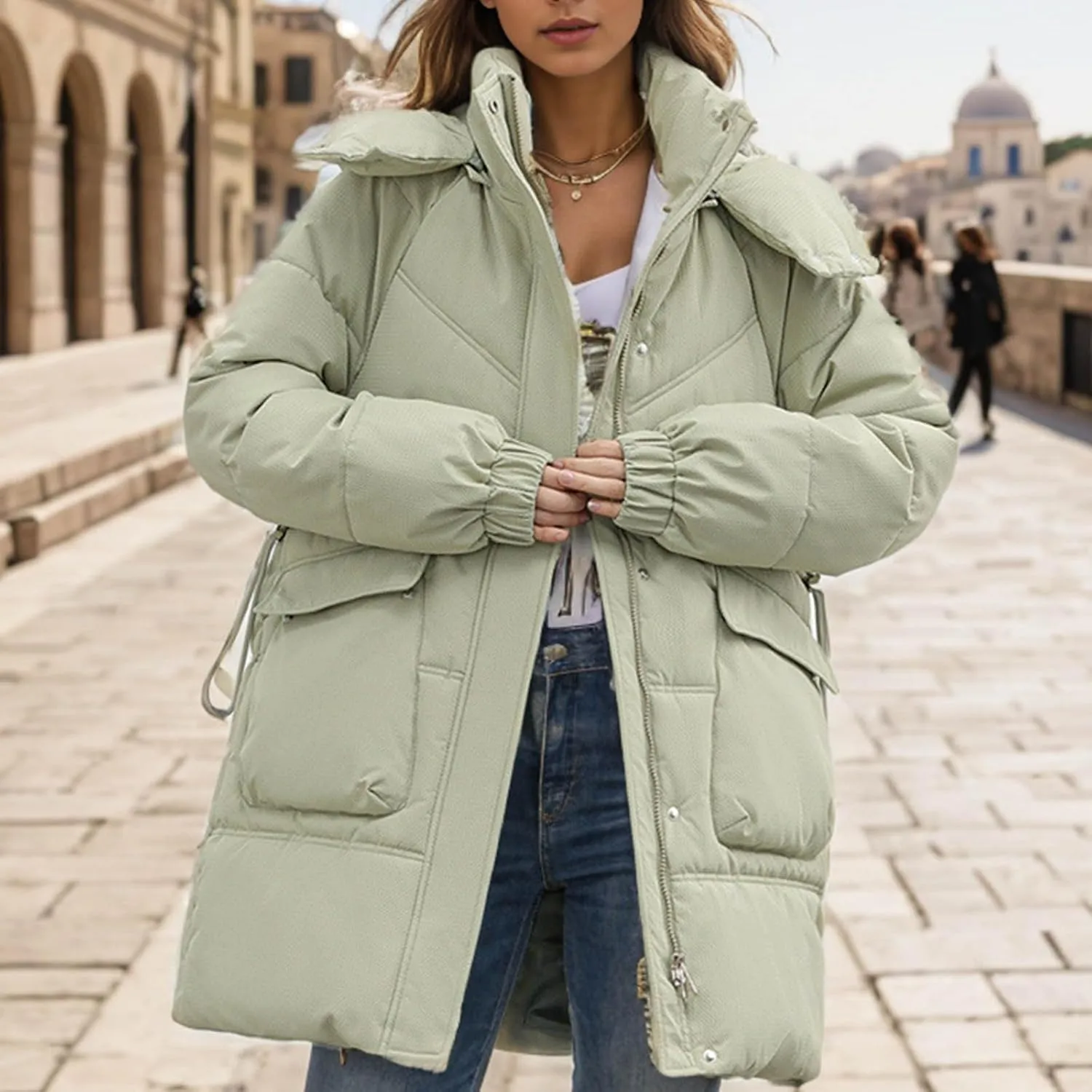 Women's Warm Winter Cotton Padded Down Coat Quilted Thicken Puffer Jacket Zipper Pockets Outwear with Removable Hood