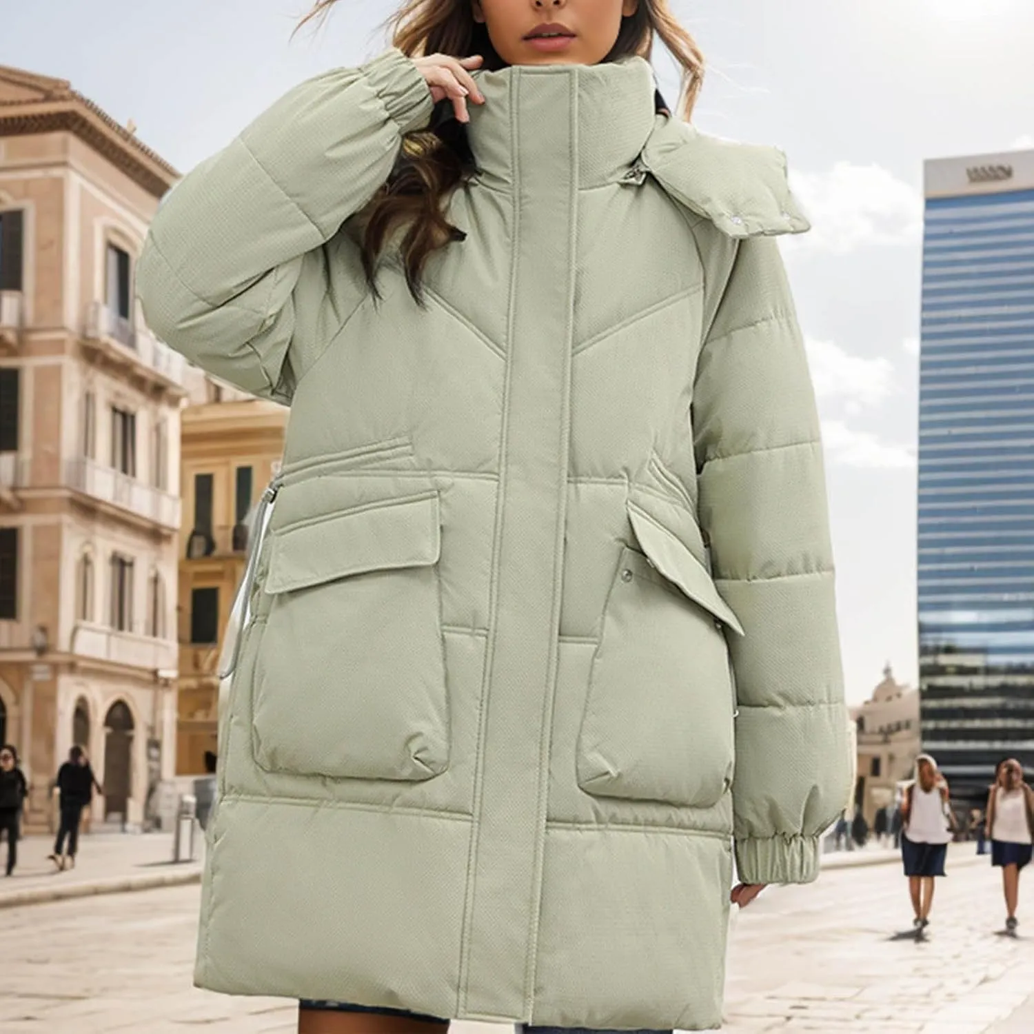 Women's Warm Winter Cotton Padded Down Coat Quilted Thicken Puffer Jacket Zipper Pockets Outwear with Removable Hood