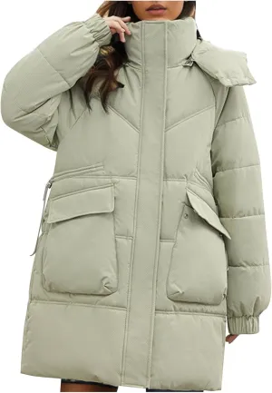 Women's Warm Winter Cotton Padded Down Coat Quilted Thicken Puffer Jacket Zipper Pockets Outwear with Removable Hood