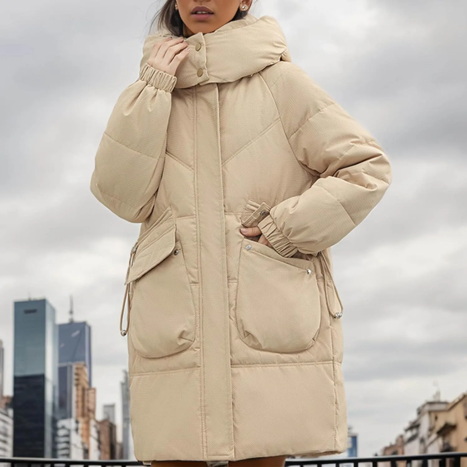 Women's Warm Winter Cotton Padded Down Coat Quilted Thicken Puffer Jacket Zipper Pockets Outwear with Removable Hood