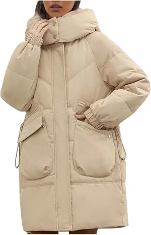 Women's Warm Winter Cotton Padded Down Coat Quilted Thicken Puffer Jacket Zipper Pockets Outwear with Removable Hood